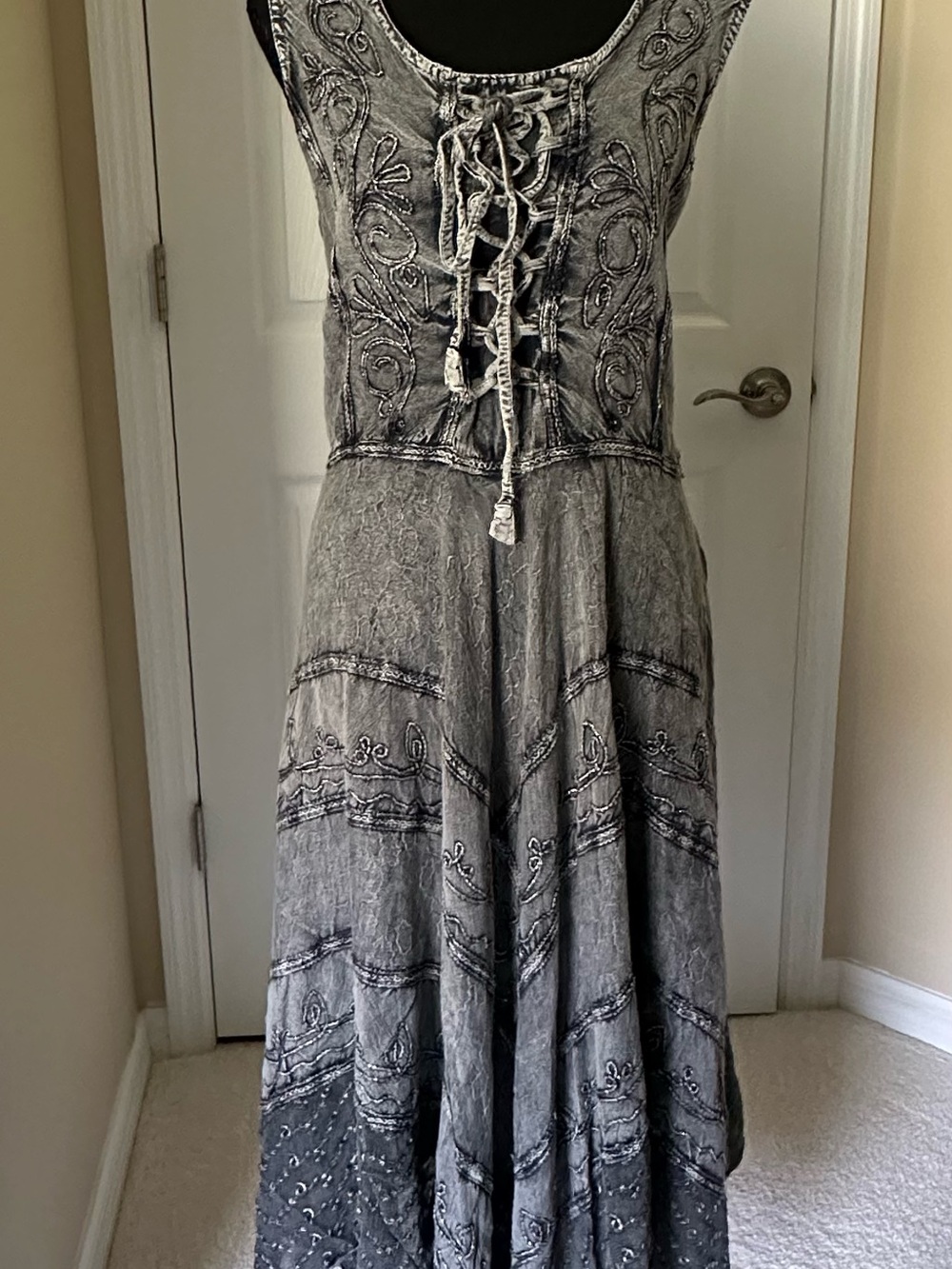 Sakkas Stonewashed Rayon Embroidered Lace-Up Mis Length Dress